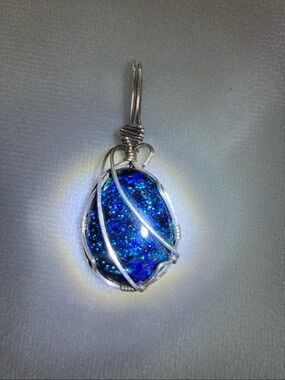 Handmade Silver Wire-Wrapped Blue Dichroic Glass Pendant